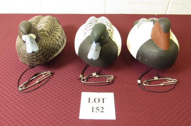 (3) Painted Wood Fresh Water Hunting Duck Decoys: (3) Painted Fresh Water Hunting Duck Decoys with Cork Bodies and Wood Head Etched William J. Ells II, Measures Largest 15" l x 8" w x 8" h