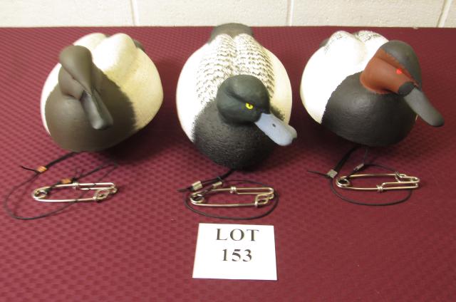 (3) Painted Wood Fresh Water Hunting Duck Decoys: (3) Painted Fresh Water Hunting Duck Decoys with Cork Bodies and Wood Head Etched William J. Ells II, Measures Largest 15" l x 8" w x 8" h