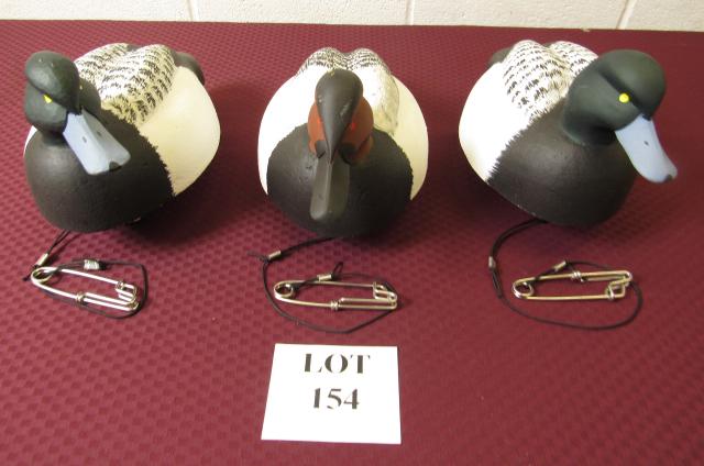 (3) Painted Wood Fresh Water Hunting Duck Decoys: (3) Painted Fresh Water Hunting Duck Decoys with Cork Bodies and Wood Head Etched William J. Ells II, Measures Largest 15" l x 8" w x 8" h