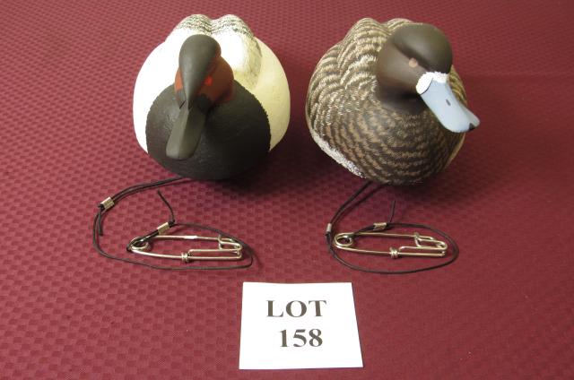 (2) Painted Wood Fresh Water Hunting Duck Decoys: (2) Painted Fresh Water Hunting Duck Decoys with Cork Bodies and Wood Head Etched William J. Ells II, Measures Largest 15" l x 8" w x 8" h