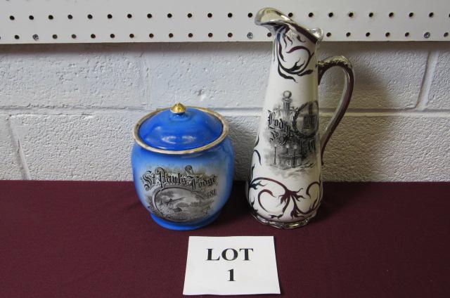 Masonic Porcelain Both Including: Tobacco Jar and Ewer: Masonic Porcelain Both Marked Tho's Meaddock's Sons Co. Including: Tobacco Jar Marked St. Paul's Lodge No 481 Free and Accepted Masons 1870, 1911, New Jersey Pottery Company, Measures 5-1/2" dia x 7" 