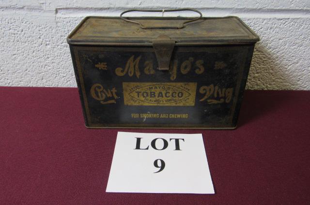 Mayo's Cut Plug Lunch Box Advertising Tin: Mayo's Cut Plug Lunch Box Advertising Tin, Measures 8" l x 4" w x 4-3/4" h, Oxidation and Paint Loss
