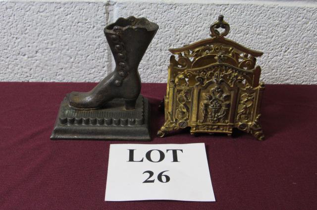 Boot Match Safe and B & H Letter Holder: Cast Iron Boot Match Safe, Measures 4-1/2" l x 3-1/4" w x 5-1/4", Oxidation, Bradley and Hubbard (B & H) Letter Holder, Measures 5" l x 2-1/2" w x 6" h, Wear on Surface