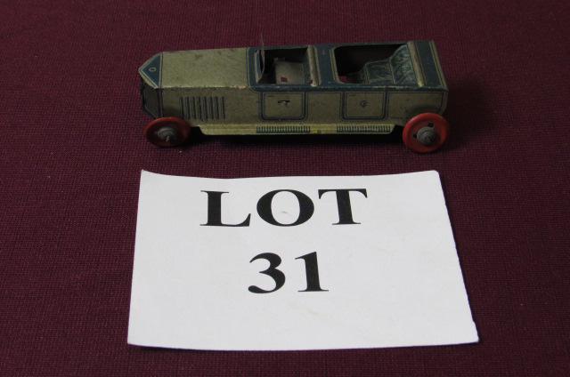 Blue and Gray German Tin Litho Sedan: Blue and Gray German Tin Litho Sedan, Marked CF on both Sides, Measures 4-3/4" l x 2" w x 1-3/4" h, Paint Loss and Oxidation