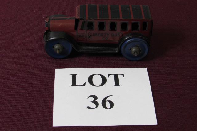 Marx Liberty Bus Co. Friction Car: Marx Liberty Bus Co. Friction Car, Measures 5-1/4" l x 2-3/4" w x 2-1/4" h, Paint Loss and Oxidation