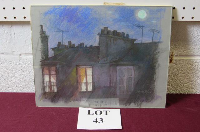 Anatoly Dverin Pastel Painting of a Building: Anatoly Dverin (1935, Massachusetts/Ukraine), Oil Pastel Painting of a Building in the Evening, Measures 14" w x 11-1/2" h, No Issues Noted