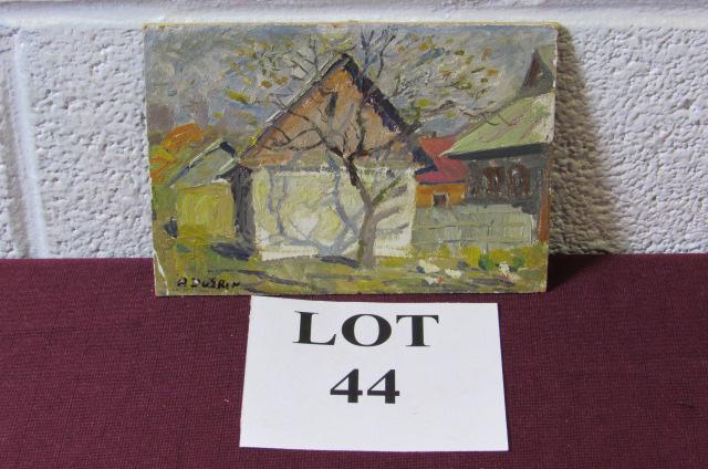 Anatoly Dverin Oil Painting on Board of a Tree and: Anatoly Dverin (1935, Massachusetts/Ukraine), Oil Painting on Board of a Tree and Buildings, Measures 6-3/4" w x 5" h, Some Paint Loss