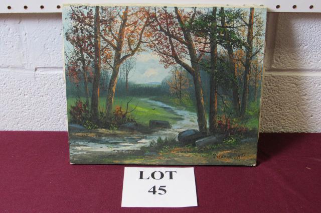 Victor Shearer Oil on Canvas Landscape Painting: Victor Shearer (PA, American, 1872-1951) Oil on Canvas Landscape Painting of Trees and A Stream Signed V. Shearer 1940, Measures 12" w x 10" h, Some Crazing