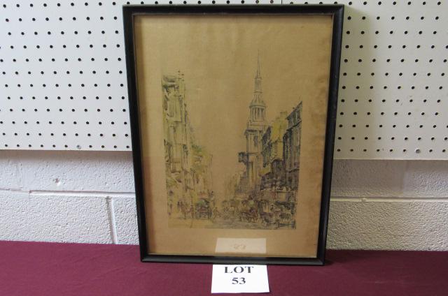 European City Scene Print by Listed Artist J. F. Barry: European City Scene Print by Listed Artist J. F. Barry Pittar (American/British, 1880-1948), Signed in Plate on Lower Left, Measures 20-1/2" h x 15-1/2", Foxing