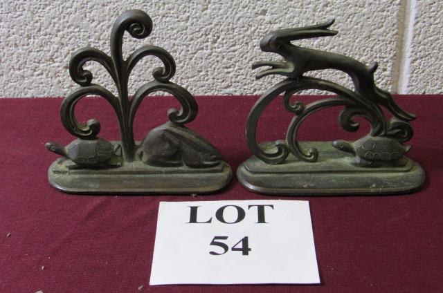 Pair of Bronze Figural Bookends by William Boogar: Pair of Bronze Figural Bookends by William Boogar Jr (1893-1958, Massachusetts, NJ) Depicting Aesop's Fables Tortoise and Hare, Signed on Bottom with Purnell Galleries Baltimore Paper Label, Measures 