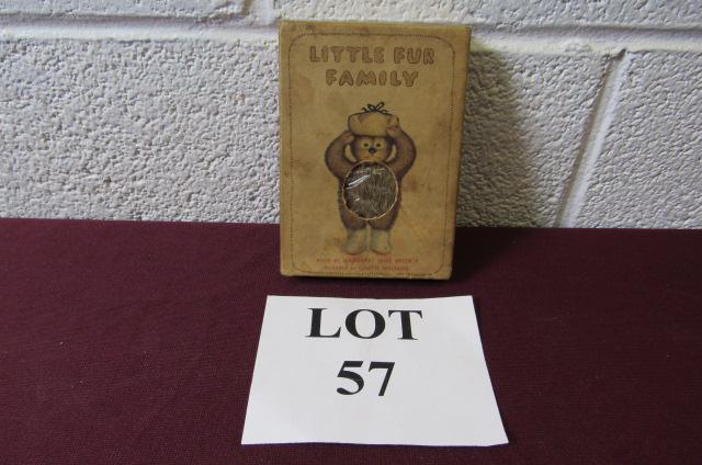 Little Fur Family Book by Margaret Wise Brown: Little Fur Family Book by Margaret Wise Brown with Dust Jacket and Fur Cover, Copyright Harper and Brothers Publishers 1946, Measures 5-1/2" h x 4" w, Staining on Dusk Jacket
