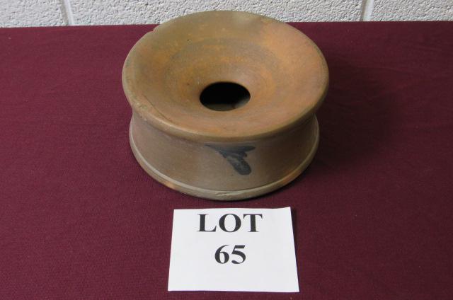 Unmarked Stoneware Spittoon: Unmarked Stoneware Spittoon with Blue Leaf Decoration, Measures 8" dia x 4" h, Chip on Rim