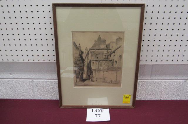 Etching by Rudolph Stanley-Brown of European City: Large Etching by Rudolph Stanley-Brown Depicting European City Scene with Woman Titled The House of Ronsard Numbered 22 in Pencil in the Left Corner, Measures 15" w x 20-1/2" h