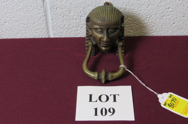 Figural Egyptian Revival King Tut Style Door Knocker: Figural Egyptian Revival King Tut Style Door Knocker, Measures 7-1/2" h x 3-1/2" w