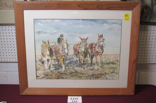 Watercolor of Amish Man with Four Mules in a Field: Watercolor of Amish Man with Four Mules in a Field, Signed Illegibly, Measures 37-1/2" w x 30" h