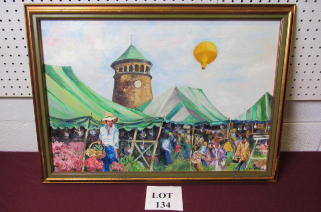Colorful Oil on Canvas Scene by Anna Hineman Roberts: Colorful Oil on Canvas Scene by Anna Hineman Roberts Signed Lower Right A Roberts, Titled The Flower Market, 29" w x 21" h