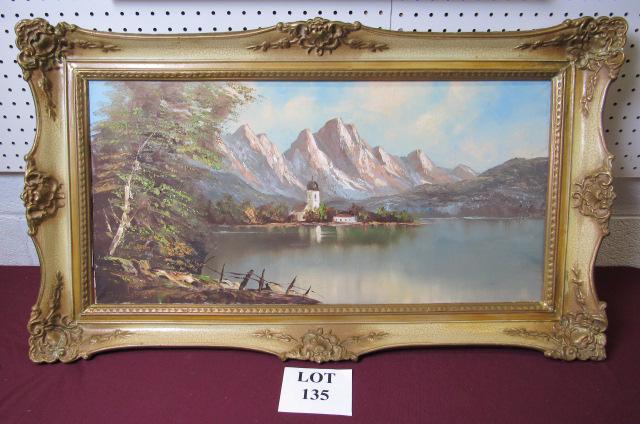 Oil on Canvas Landscape Painting of Bavarian Mountains: Oil on Canvas Landscape Painting of Bavarian Mountains and Lake Signed Illegibly, Circa 1960's, Measures 38" w x 22" h