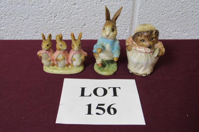 (4) Beatrix Pottery Bunny Figurines: (4) Beatrix Pottery Bunny Figurines Including: Peter Rabbit, Mrs. Tiggs Winkle, Benjamin Bunny, Hopsy, Mopsy and Cottontail, Measures 2" l x 2" w x 4" h