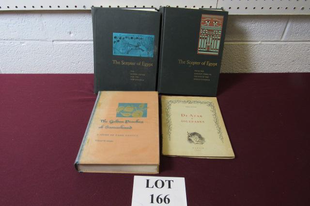 (4) Books Including: Olga Kochen De Azar Soledades: (4) Books Including: Olga Kochen De Azar Soledades Mexico 1955 Mariano Rechi, The Scepter of Egypt Vol 1 and 2, Published by MMA, 1953, The Golden Peaches of Samarkand, A Study of T'ang Exotics by Edw