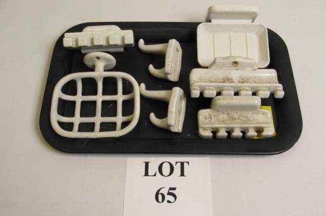 White Porcelain Bathroom Fixtures Including: Soap: White Porcelain Bathroom Fixtures Including: Soap Holders, Toothbrush Holders and Hooks