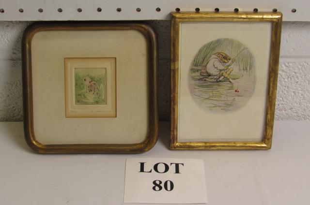 (2) Prints Including: Lithograph of Frog: (2) Prints Including Limited Edition Hand Colored Lithograph of Frog Signed H. Campillo 17/50 and a Frog Fishing Beatrix Potter