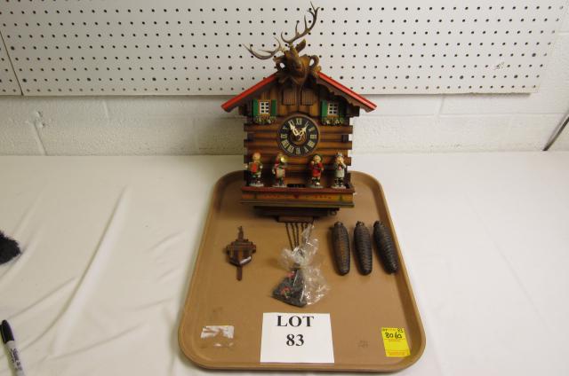 German Cuckoo Clock with Moose: German Cuckoo Clock with Moose, Four Wood Figures, Three Weights and Pendulum, Measures 11" l x 7" w x 13" h