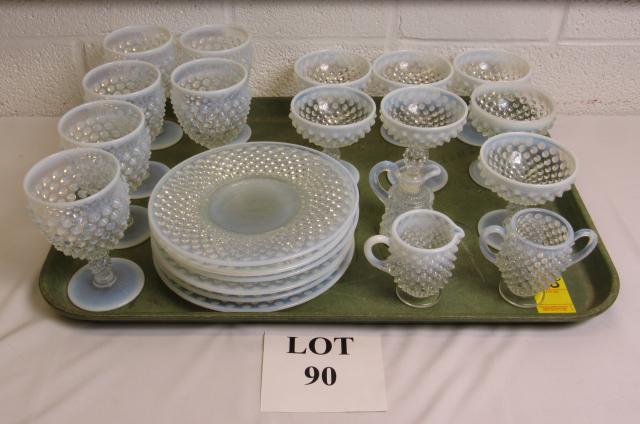 White Hobnail Glass Including: (6) Plates: White Hobnail Glass Including: (6) Plates, (6) Goblets, (7) Wine Glasses, Cruet, Creamer, and Two Handled Toothpick Holder