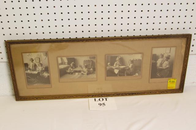 (4) Prints Photos Into a Collage Including Girls: (4) Framed Photos Into a Collage Including Girls Playing and Mother and Child, Measures 29" w x 11" h, Water Damage