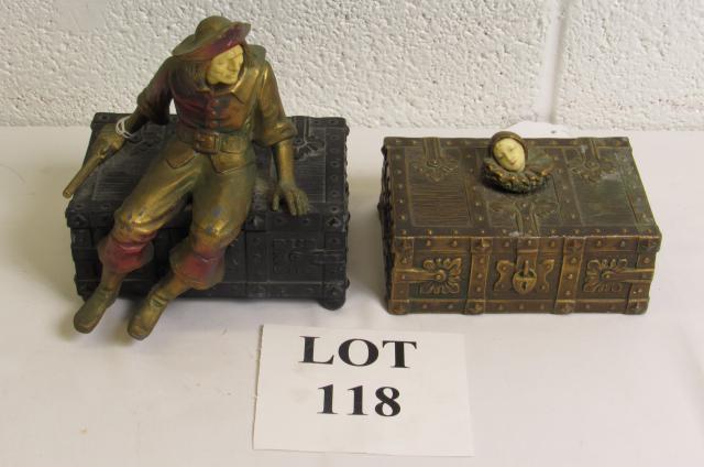 (2) Jewelry Boxes Including: Box with Resin Female Head: (2) Jewelry Boxes Including: Bronze Patinated Over Cast Iron Jewelry Box with Resin Female Head Decoration, Measures 6" l x 4" w x 2-1/2" h and Bronze Patinated Over Cast Iron Jewelry Box with Sailor