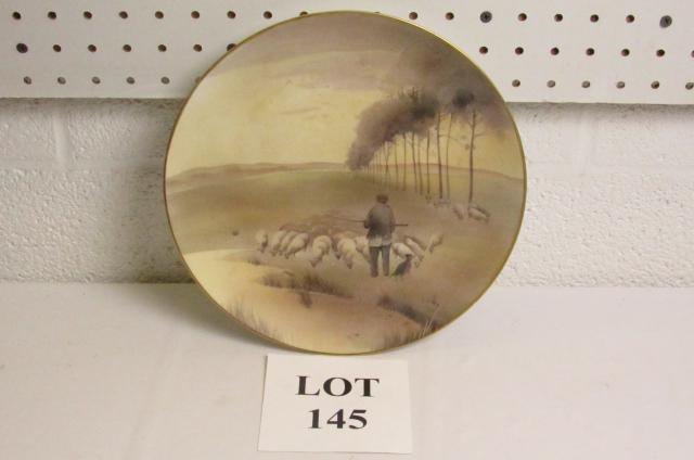 Hand Painted Nippon Plate of Man Tending Sheep: Hand Painted Nippon Plate of Man Tending Sheep with Green M Mark, Measures 10-1/2" dia