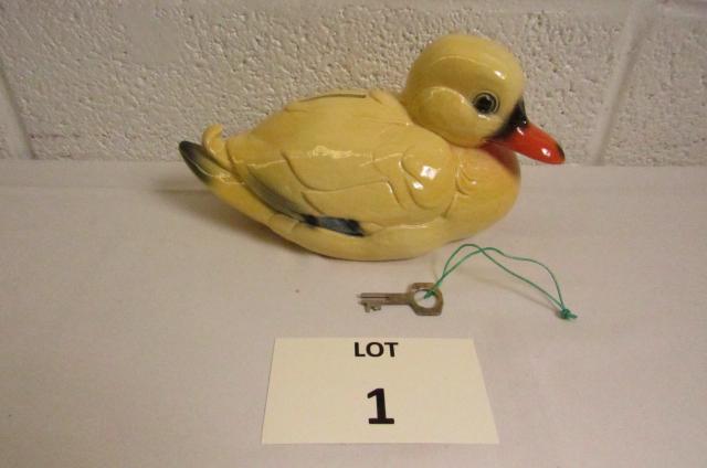 West German Goebel Yellow Porcelain Duck Bank: Porcelain West German Goebel Yellow Porcelain Duck Bank Figure with Key, Measures, Measures 8" l x 5" w x 5" h