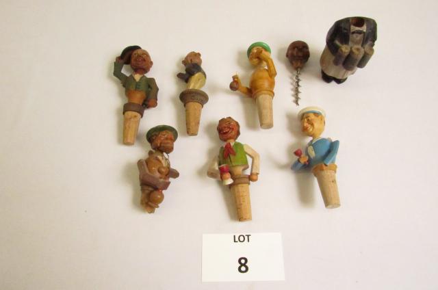 (2) Wood Anri Figures, Stoppers and Corkscrew: (2) Wood Anri Figures, Stoppers and Corkscrew of Sailor and Bartender