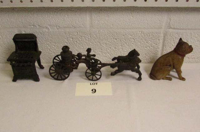 (3) Cast Iron Toys Including: Green Royal Stove: (3) Cast Iron Toys Including: Green Royal Stove, Dog Bank and Horse Drawn Pumper Fire Truck