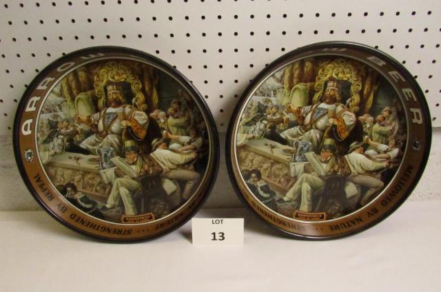 (2) Tin Barrow Beer Advertising Trays: (2) Tin Barrow Beer Advertising Trays with Picture of Gambrinus, Measures 13" dia x 2" h
