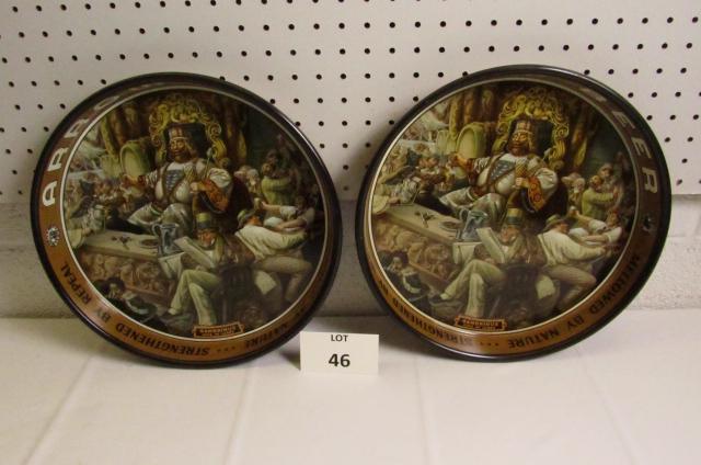 (2) Tin Barrow Beer Advertising Trays: (2) Tin Barrow Beer Advertising Trays with Picture of Gambrinus, Measures 13" dia x 2" h