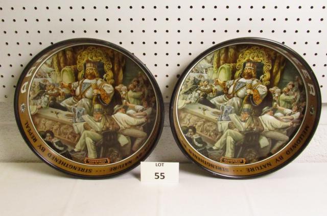 (2) Tin Barrow Beer Advertising Trays: (2) Tin Barrow Beer Advertising Trays with Picture of Gambrinus, Measures 13" dia x 2" h