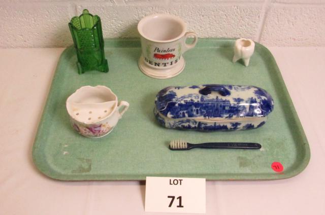 Dental Items Including: Blue Porcelain Tooth Brush: Dental Items Including: Flow Blue Porcelain Tooth Brush Holder, Shaving Mug, Painless Dentist Mug, Tooth Toothpick Holder, Green Glass Tooth Brush Holder