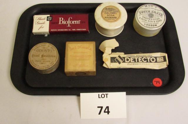 Dental Items Including: Calomel Soda Rhubarb: Dental Items Including: Calomel Soda Rhubarb, Maw's Tooth Paste, London England, Hamilton and Co's Odonto or Pearl Gentitrice, New York, Detecto Articulating Paper, Trubyte Bioform Teeth Shade Guide