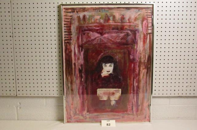 Mixed Media Painting of Woman Signed Rehm: Mixed Media Painting of Woman with Partially Torn Argentinian Pesco Signed Rehm, Measures 30-1/2" h x 22-1/2" w