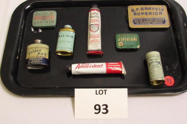Advertising Tins Including: Gravely Chewing Tobacco: Advertising Tins Including: B.F. Gravely Superior Chewing Tobacco, Blackstone Aspartame, Craig-Martin Tooth Paste, Layman's Aspirin, Golden Key Tooth Powder, Super Ammi-dent Tooth Paste