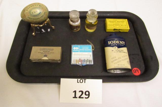 Dental Items Including Iodent Tooth Powder: Dental Items Including Iodent Tooth Powder, Root Canal Barbed Broaches, Carborundum Points, White Filling Porcelain, Astringent Oil, Crescent Mounted Rubber Polishing Cups, Bassett's Egg Shampoo Cream