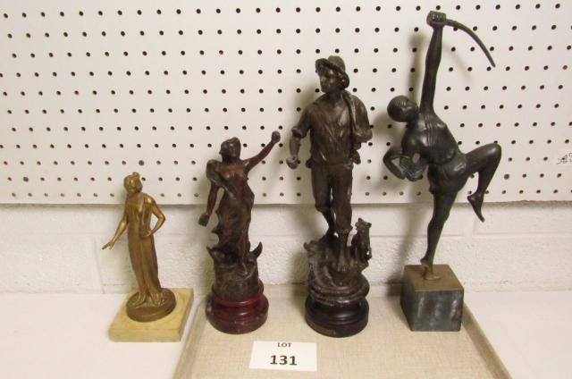 (4) Bronze and Spelter Sculptures: (4) Bronze and Spelter Sculptures Including: Bronze Man with Arrow, Spelter Bronzed Woman Holding Harp on Marble Base, Female Victoire Sculpture on Wood Base and Boy with Dog Sculpture