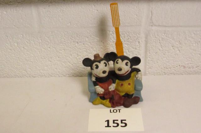 (2) Tooth Brush Holders Including Mickey and Minnie: (2) Vintage Ceramic Tooth Brush Holders Including Disney Mickey and Minnie Mouse