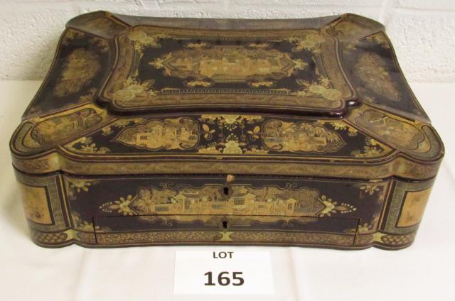 Spectacular 19th century decorated Sewing Box with: Spectacular late 19th century ornately decorated Sewing Box with Multiple Compartments and Ivory Sewing Utensils, Measures 15" l x 11" w x 5" h