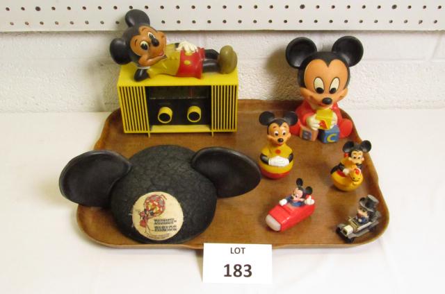 Lot of Disney Mickey Mouse Items Including: Radio: Lot of Disney Mickey Mouse Items Including: Radio, Disney Parade Mouse Ears, Rubber Toys and Toy Cars