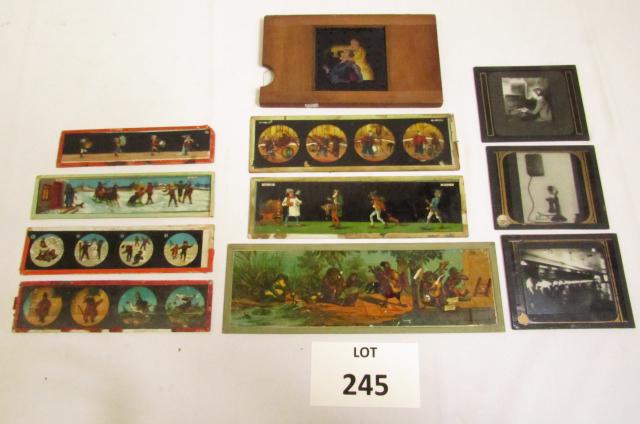 Lot of (11) Magic Lantern Slides Including: Circus: Lot of (11) Magic Lantern Slides Including: Candlestick Phone, Kids Playing in Snow, Kids Playing Instruments, Circus Clown and Dentist