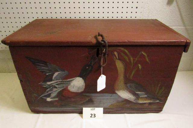 Primitive Red Painted Wood Lock Box with Painted Ducks: Primitive Red Painted Wood Lock Box with Hand Painted Ducks and Dragon Fly, Measures 24-1/2" l x 13" w x 14-1/2" h