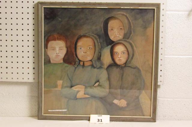 Watercolor of Amish Mother Signed Marvel St. Andrassy: Watercolor of Amish Mother with Three Children Signed Marvel St. Andrassy 1972, Measures 21" w x 21" h