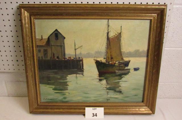 Oil on Canvas of Boat in Harbor by Artist J.J.: Oil on Canvas of Boat in Harbor by Listed Artist J.J. Enwright (C. Jalmar "Cappy" Amundsen) (1911-2001), Maine, New York and Massachusetts, Measures 24-1/2" w x 21" h