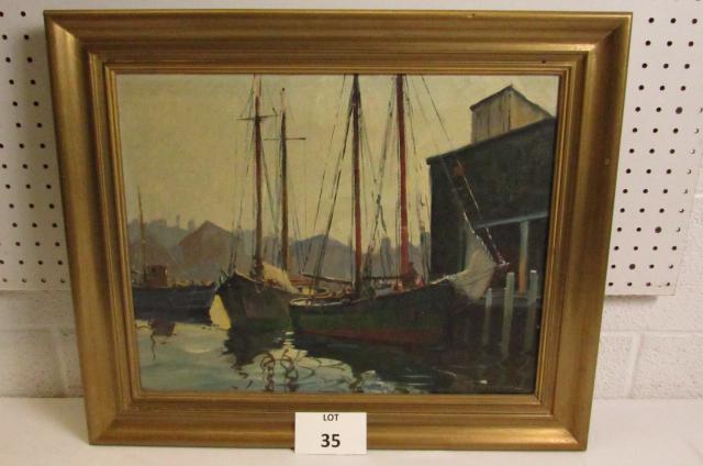 Oil on Canvas of Boat at Dock by Artist J.J. Enwright: Oil on Canvas of Boat at Dock by Listed Artist J.J. Enwright (C. Jalmar "Cappy" Amundsen) (1911-2001), Maine, New York and Massachusetts, Measures 24-1/2" w x 21" h